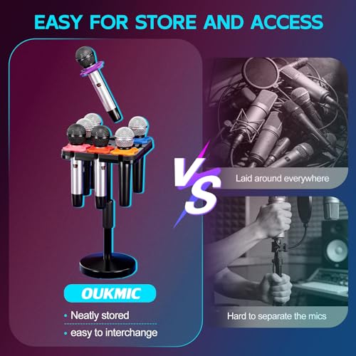 Multi Microphone Holder with Desktop Mic Stand, Square Tray with Cable Slots Holds Up to 7 Mics, Wired and Wireless Mic Holder for Stage Organizer and Display-7 Anti-roll Rings Included