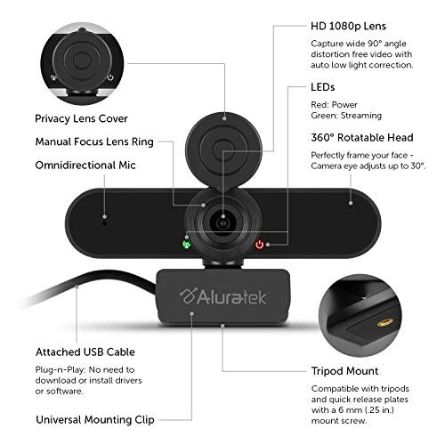 Aluratek HD 1080P Video Webcam (AWC03F) Full HD Webcam with Built-in Microphone, Autofocus, and Adjustable Clip Perfect for Streaming, Video Calls, and Online Meetings Video and Audio - style: AWC03F