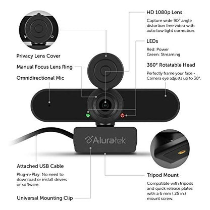 Aluratek HD 1080P Video Webcam (AWC03F) Full HD Webcam with Built-in Microphone, Autofocus, and Adjustable Clip Perfect for Streaming, Video Calls, and Online Meetings Video and Audio - style: AWC03F