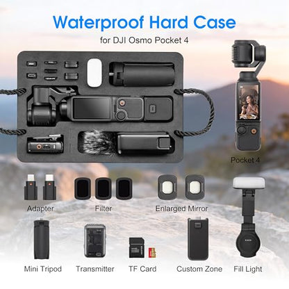 Waterproof Hard Case for DJI Osmo Pocket 4 3 Accessories Power Expansion For Xtra Muse Mini Tripod Carrying Dual Layer Travel Case Vlogging Compatible with DJI OM 70 Selfie Stick