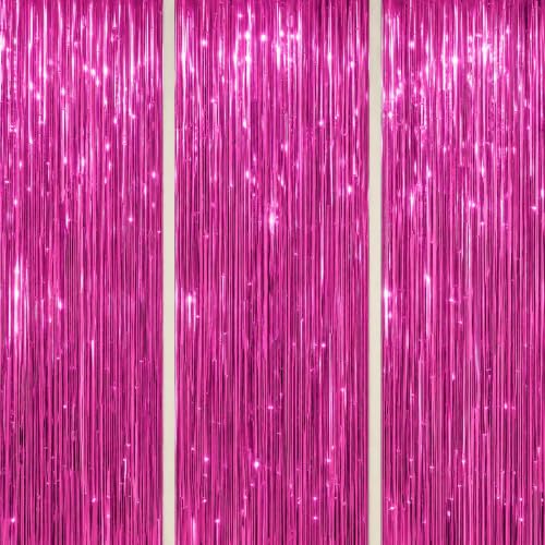 DECOCKRAT 3 Pack Foil Fringe Backdrop - Hot Pink Shiny Tinsel Curtains for Party Decoration/Photo Booth Props - 3.3x8.2 FT Metallic Foil Backdrop for Birthday, Wedding, Graduation, Christmas. - color: Hot Pink