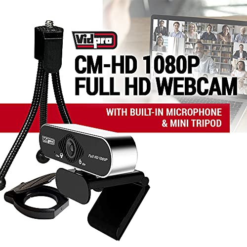 Vidpro CM-HD 1080P Full HD Webcam with Built-in Microphone and Mini Tripod - Plug and Play 85-Degree FOV USB Webcam with Noise Canceling Filter Perfect for Video Calls Meetings Live Streaming Gaming