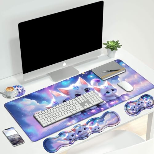 4 in 1 Ergonomic Keyboard Wrist Rest & Mouse Pad Wrist Rest Set, Large XXL Gaming Desk Mat 31.5"x 11.8" with Non-Slip Base, Memory Foam for Home Office Study Gaming, Cute Cat - color: Cute Cat