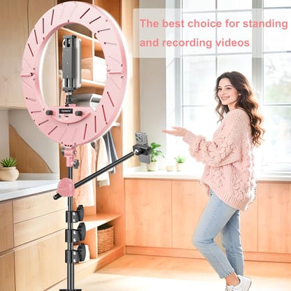Ring Light 18" with Stand, 55w 6700K LED Light,63" Tripod,Multi-Angle Adjustable Phone Stand, for iPhone and Android Phones, CRI95, Suitable for YouTube, TikTok, Selfies (Pink, 18") - color: Pink