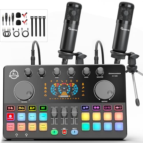 Podcast Equipment Bundle for 2, Audio Interface DJ Mixer with 3.5mm Condenser Microphone for PC, Smartphone, Voice change,RGB for Recording, Streaming, Podcasting, Gaming, COMMANDER M100 3rd - color: M100-2 Condenser