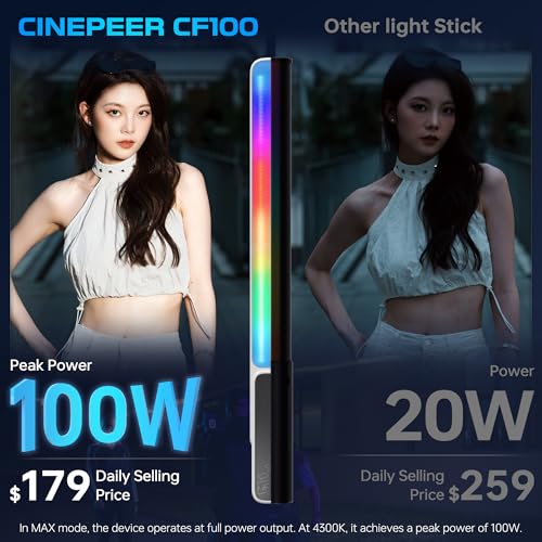ZHIYUN CINEPEER CF100 100W RGB Light Stick Handheld LED Video Light Wand 2700K-6500K CRI 96+ TLCI 98+ Portable Fill Light with 6 Effect Continuous Output Photography Tube Combo