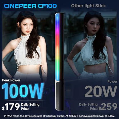 ZHIYUN CINEPEER CF100 100W RGB Light Stick Handheld LED Video Light Wand 2700K-6500K CRI 96+ TLCI 98+ Portable Fill Light with 6 Effect Continuous Output Photography Tube Combo
