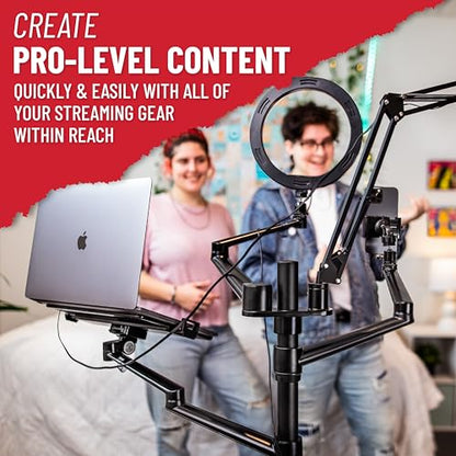Gator Frameworks 5-in-1 Mobile Content Creator Streaming Stand with Wheeled Tripod Base – Includes Smartphone, Tablet, Laptop Clamps, Ring Light, and More! (GFW-STREAMSTAND-W) - style: Rolling Base