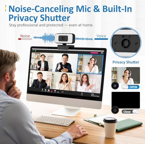 Webcam with Light, 2K HD Web Camera for Desktop Computer PC | Fixed Focus, 80° FOV, USB Plug and Play Web Cam for Video Calls, Online Meetings (4 Buttons-Adjust Brightness/Flip/Zoom) - color: Black