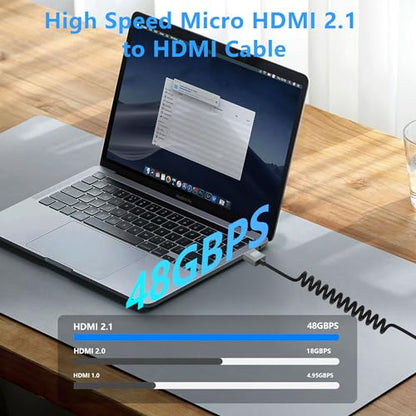CERRXIAN 8K Micro HDMI to HDMI Cable, Ultra HD High Speed HDMI to Micro HDMI Coiled Cable 2.1 Support 8K 4K 3D and Dynamic HDR Up to 48Gbps, Compatible with Laptop Camera Monitor ect 3FT/0.9M