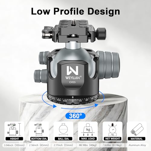 WEYLLAN CH55 Arca Ball Head Mount with Lever Release, 55mm Low Profile Heavy Duty Tripod Ball Head with Mlok Rail Arca Swiss Quick Release Plate for Hunting & Photography, Camera Head Load 88lbs/40kg