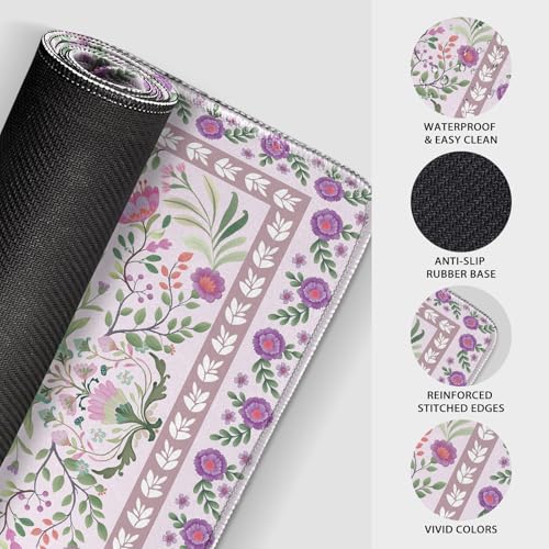 Purple Floral Desk Mat, 31.5"x15.7" Large Mouse Pad, Anti-Slip Rubber Base Keyboard Pad with Stitched Edges, Water-Resistant Smooth Desk Blotter, Computer Mat for Home Office Desk - color: Purple Floral