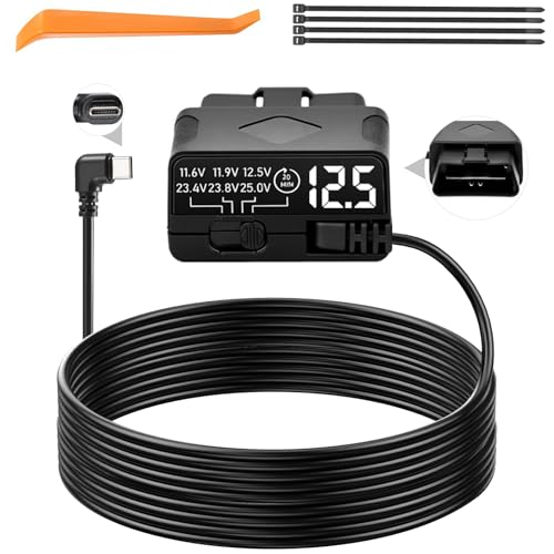 OBD2 to USB C Power Cable for Dash Cam, Plug and Play Dashcam Hardwire Kit with LED Voltmeter, 4-Level Low Voltage Protection (11.6V/11.9V/12.5V/20min), 12V-24V to 5V/3A for Parking Mode, 11.5ft/3.5M