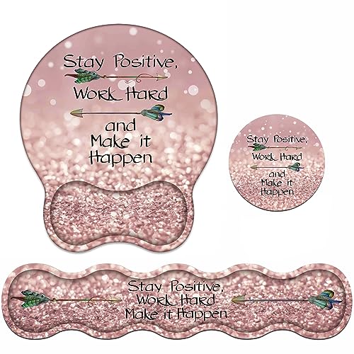 Keyboard Wrist Rest & Mouse Pad Wrist Support Set, Stay Positive Work Hard and Make It Happen Inspirational Quote Non-Slip Rubber PU Base for Home Office Working Studying Easy Typing & Pain Relief - color: Stay Positive Work Hard and Make It Happen Inspir