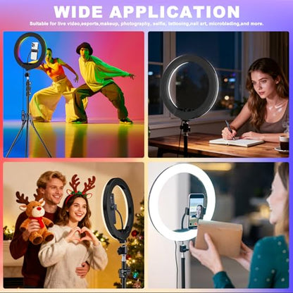 12'' Ring Light with Stand 75'' Tall & Phone Holder, 100+ Color Modes Selfie Light with Tripod Stand, Big LED Circle Lights for iPhone/Android/Camera/YouTube/Makeup/Live Stream/TikTok/Video - size: 12 inch - 29 RGB Lighting Modes