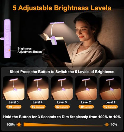 Gritin 2026 Gen 2 Book Light for Reading- 32 Eye Caring Full Spectrum LED | 5 Colors & 5 Brightness, Adjustable Wide/Narrow Beam, Upgrade 1500mAh Long-Lasting Rechargeable Clip on Light-Purple - color: Purple