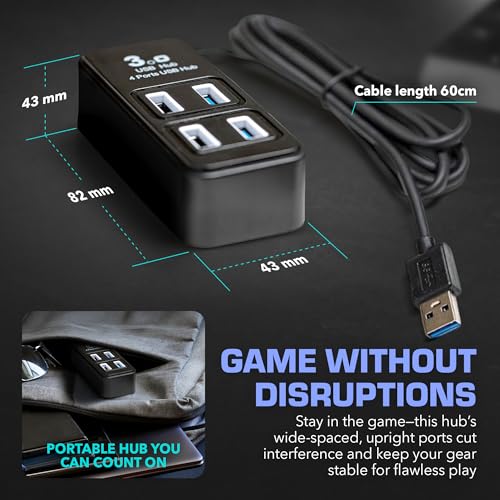 Rebuff Reality 4 Port USB Hub, Dongle USB 3.0 Hub for Wireless Interference Reduction for Gaming, Stable Connection & Lag-Free for Mouse, Keyboard, Headset, Compatible with PC, Mac, Xbox, PlayStation - size: 4-PORT