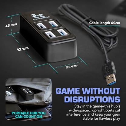 Rebuff Reality 4 Port USB Hub, Dongle USB 3.0 Hub for Wireless Interference Reduction for Gaming, Stable Connection & Lag-Free for Mouse, Keyboard, Headset, Compatible with PC, Mac, Xbox, PlayStation - size: 4-PORT