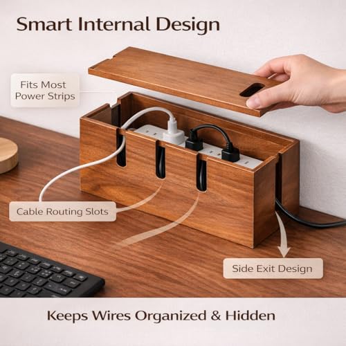Cable Management Box for Desk & TV, Wooden Cord Hider Box for Power Strips, Chargers & Cords, Decorative Cable Organizer with 20 Reusable Cable Ties, Brown