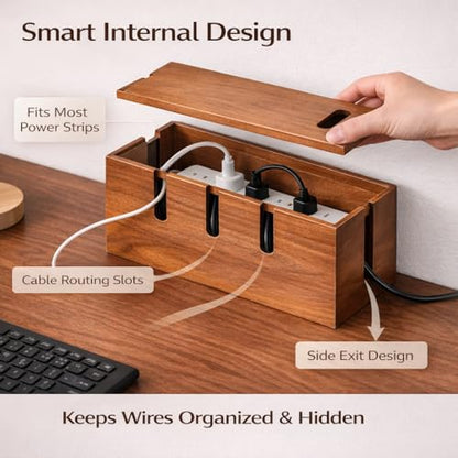 Cable Management Box for Desk & TV, Wooden Cord Hider Box for Power Strips, Chargers & Cords, Decorative Cable Organizer with 20 Reusable Cable Ties, Brown