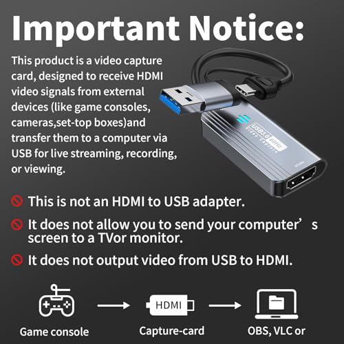 Papeaso Video Capture Card, 4K HDMI to USB/USB C 3.0 Capture Card, 1080P 60FPS Video Capture Device, for Streaming, Teaching,Gaming, Video conferencing or Live Broadcasting - color: Grey-A/C