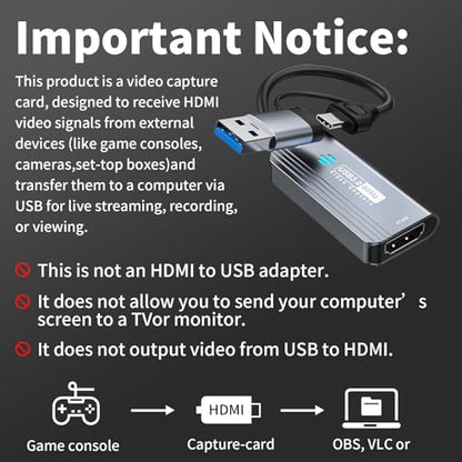 Papeaso Video Capture Card, 4K HDMI to USB/USB C 3.0 Capture Card, 1080P 60FPS Video Capture Device, for Streaming, Teaching,Gaming, Video conferencing or Live Broadcasting - color: Grey-A/C
