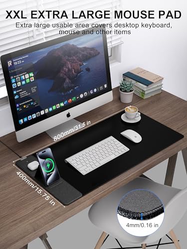 Wireless Charging Mouse Pad with Foldable Phone Holder, 31.5" x 15.8" XXL Large Desk Pad, Gaming Mousepad with Ultra-Smooth Surface, Non-Slip Base, Black Waterproof Desk Mat, with 20W PD Charging Kit - color: Black-Phone Holder-31.5"x15.8"-with Adapter