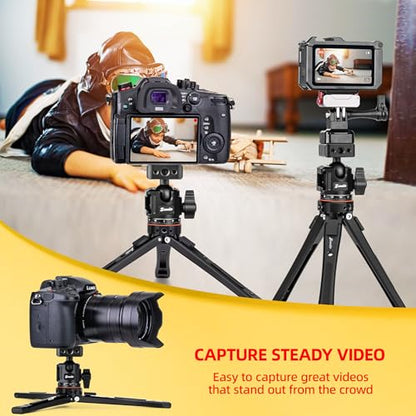 Zeadio Heavy Duty Metal Tripod Kit: with 360° Ball Head Mount, Phone Clip & Action Camera Adapter, 1/4" Screw Adapter Tripod Mount for iPhone/Android Smartphone, Vlog, Camera, Gimbal, Action Cam etc - style: Dual Cold-shoe Ball Head