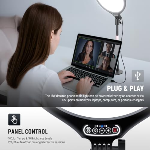 NEEWER Basics 10.5" Desk Ring Light with Stand/Phone Holder/Timer, 3000-6500K Full Screen 15W LED Selfie Panel Lighting for iPhone Recording Streaming Makeup Laptop Webcam Video Conference Zoom, R10