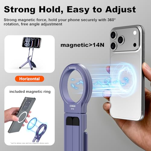COMAN DP58 Magnetic Phone Tripod, Aluminum MagSafe Tripod Stand with Carabiner, Mini Portable Travel Pocket Stand for iPhone & Non-Magnetic Phones with Included Ring - color: Purple
