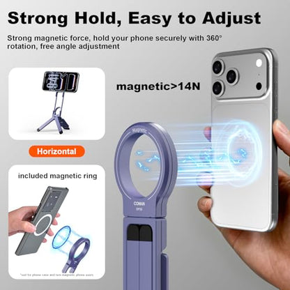 COMAN DP58 Magnetic Phone Tripod, Aluminum MagSafe Tripod Stand with Carabiner, Mini Portable Travel Pocket Stand for iPhone & Non-Magnetic Phones with Included Ring - color: Purple