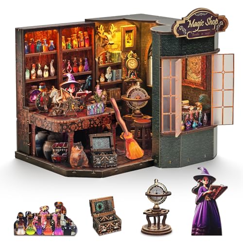 Book Nook Kit – DIY Miniature House Dollhouse for Adults & Teens, 3D Wooden Puzzle Tiny House Bookshelf Insert with LED Lights, Booknook Library Decor Gift for Family & Friends - style: Magic Shop