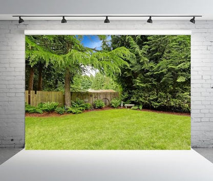 15x10ft Fabric Spring Backyard Backdrop for Photography Green Backyard Area with Wooden Fence and Trim Background for Green Grassland Nature Outdoor Photo Backdrop Kids Adults Studio Props - size: 15x10FT