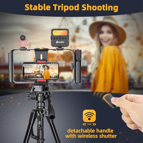 Zeadio All-in-One Smartphone Video Rig Kit, Variable Phone Cage Rig with RGB Video Light, Shotgun Microphone, Universal Video Stabilizer for iPhone/Android Filmmaking Vlogging YouTube TikTok etc - style: Pro Kit