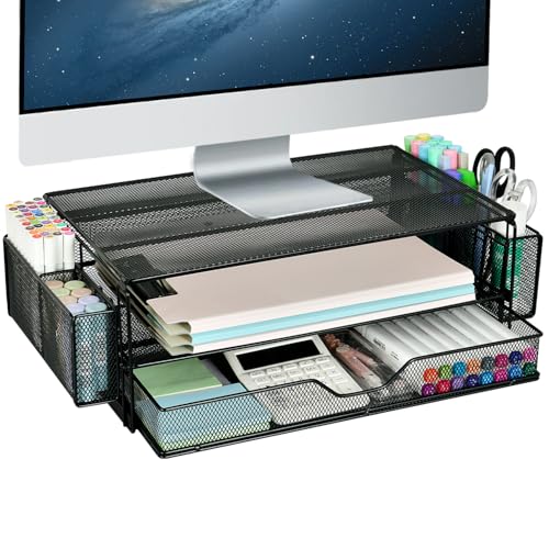 AUPSEN 2 Tier Computer Monitor Stands with Drawer and 2 Pencil Holder, Metal Monitor Stand Monitor riser, Computer Desk Organizer and Accessories for Laptop, Computer, Printer, Office Supplies(Black) - color: Black Metal