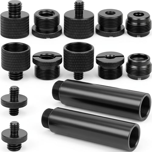 14 Pcs Mic Stand Adapter Set with 2 Extension Tubes, 1/4 to 5/8 & 3/8 to 5/8 Threaded Screw Mount for Microphone Boom Arm, Camera Tripod, Shock Mount(Black)