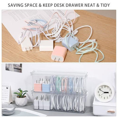 2 Pack Cord Organizer Box for Desk Drawer, Clear Phone Charger Cable Storage Container with Lid