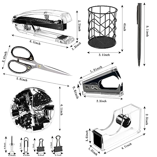 Office Desk Accessories，Office Supplies Set Acrylic Stapler Set Staple Remover, Tape Holder, Pen Holder, 2 Ballpoint Pen, Scissor, Binder Clips, Paper Clips and 1000pcs Staples(Black) - color: Black