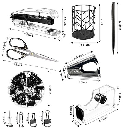 Office Desk Accessories，Office Supplies Set Acrylic Stapler Set Staple Remover, Tape Holder, Pen Holder, 2 Ballpoint Pen, Scissor, Binder Clips, Paper Clips and 1000pcs Staples(Black) - color: Black