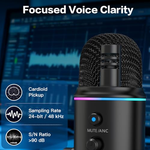 ZealSound Podcast Microphone, Noise Cancellation USB Mic with Gain, Volume & Mute Control, Zero-Latency Monitoring, Echo & RGB Lighting, for YouTube TikTok Podcasting Gaming PC iPhone iPad Android Mac