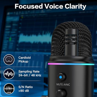 ZealSound Podcast Microphone, Noise Cancellation USB Mic with Gain, Volume & Mute Control, Zero-Latency Monitoring, Echo & RGB Lighting, for YouTube TikTok Podcasting Gaming PC iPhone iPad Android Mac