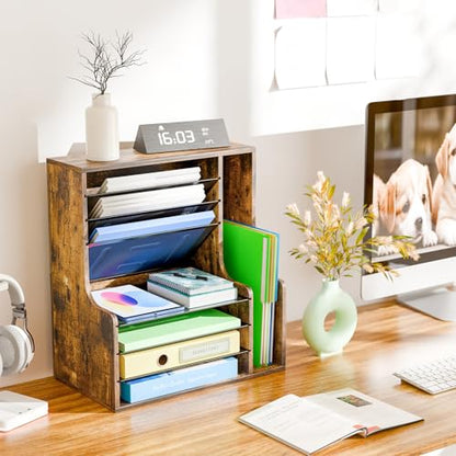 Simple Trending Wooden Desk Organizer, 7- Tier File Organizer, Adjustable Letter Tray Paper Organizer with File Holder for Office Supplies, Rustic Brown