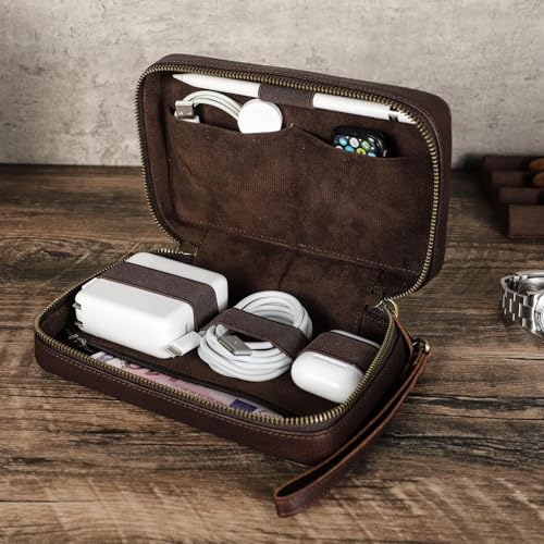 CONTACTS Full Grain Leather Electronic Organizer Travel Tech Case Electronics Accessories Storage Box Portable Holder for for Charger, Cables, Power Bank, Mouse