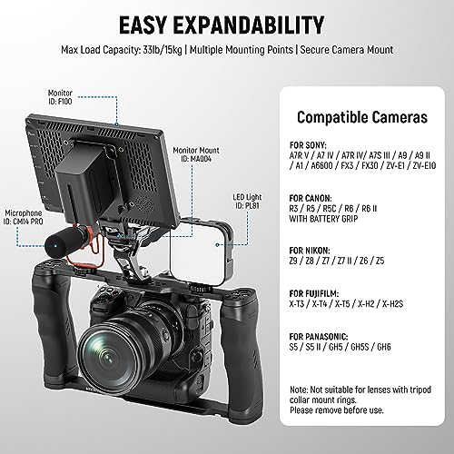 NEEWER Universal Camera Cage & Top Handle with 3/8" ARRI Locating Pins Kit, Video Rig Camera Stabilizer with Arca Type Base, Dual Handgrips, Compatible with SmallRig Accessories, CA016T - style: CA016T