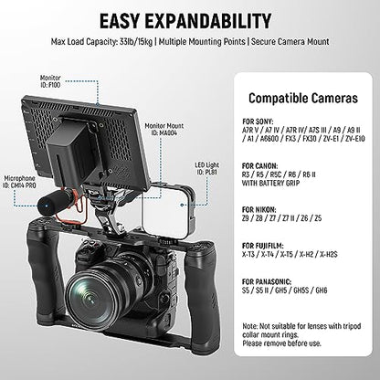 NEEWER Universal Camera Cage & Top Handle with 3/8" ARRI Locating Pins Kit, Video Rig Camera Stabilizer with Arca Type Base, Dual Handgrips, Compatible with SmallRig Accessories, CA016T - style: CA016T
