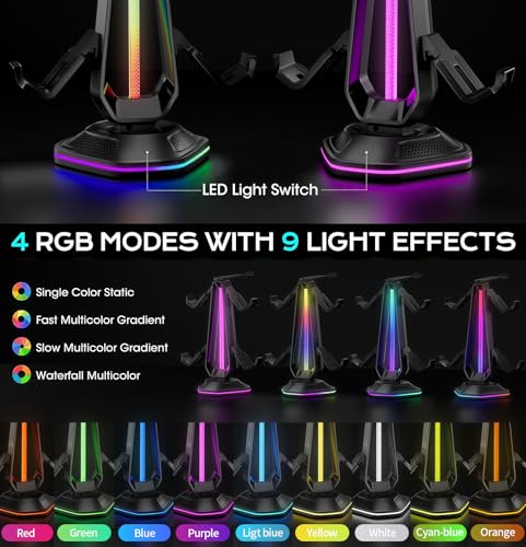 RGB Headset Stand with 9 Light Modes and 2 USB Charging Ports - Controller Holder for Desk - Headphone Stand & Detachable Controller Hook for PC Earphone Gaming Room Setup Accessories