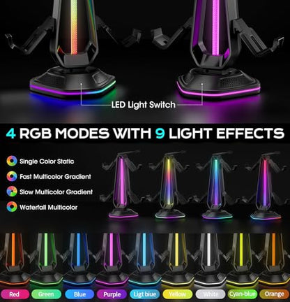 RGB Headset Stand with 9 Light Modes and 2 USB Charging Ports - Controller Holder for Desk - Headphone Stand & Detachable Controller Hook for PC Earphone Gaming Room Setup Accessories