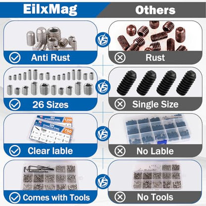 2000PCS Set Screws, 26 Sizes Metric & Sae Set Screw Assortment Kit, Allen Head Hex Socket Head Grub Screws for Bathroom Fixtures, Door Handles, 304 Stainless Steel (M3-M8, 1/8"-40 to 5/16"-18) - size: 2000PCS-Silver