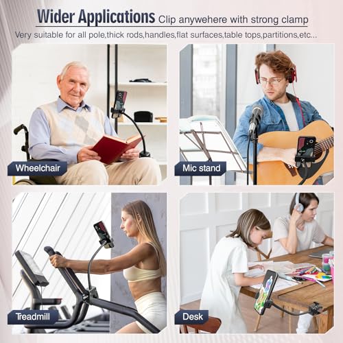 Clip Phone Holder for Desk,Pole,Pipe,Boom,Flat Surface with Adjustable Aluminium Arm Phone Clamp Mount for Mic Stand,Treadmill Compatible with All 4-7” Cell Phone (Long-Gooseneck Arm Phone Holder) - style: 11.81" Gooseneck Arm Phone Holder