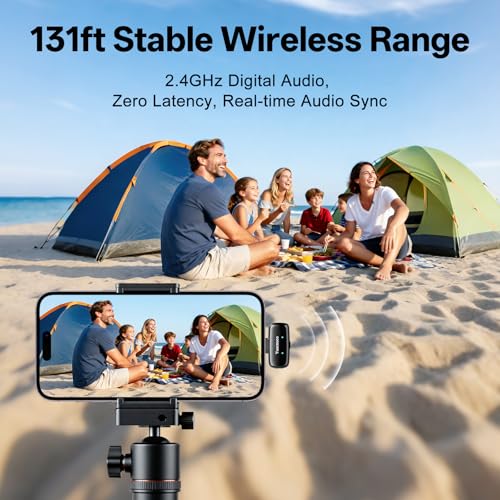 Mini Wireless Lavalier Microphone for iPhone ipad Android, Noise Reduction and Mute, 33h Charging Case, Plug & Play, 131FT Range, Mini Lapel Mic for Video Recording, Vlogging, YouTube